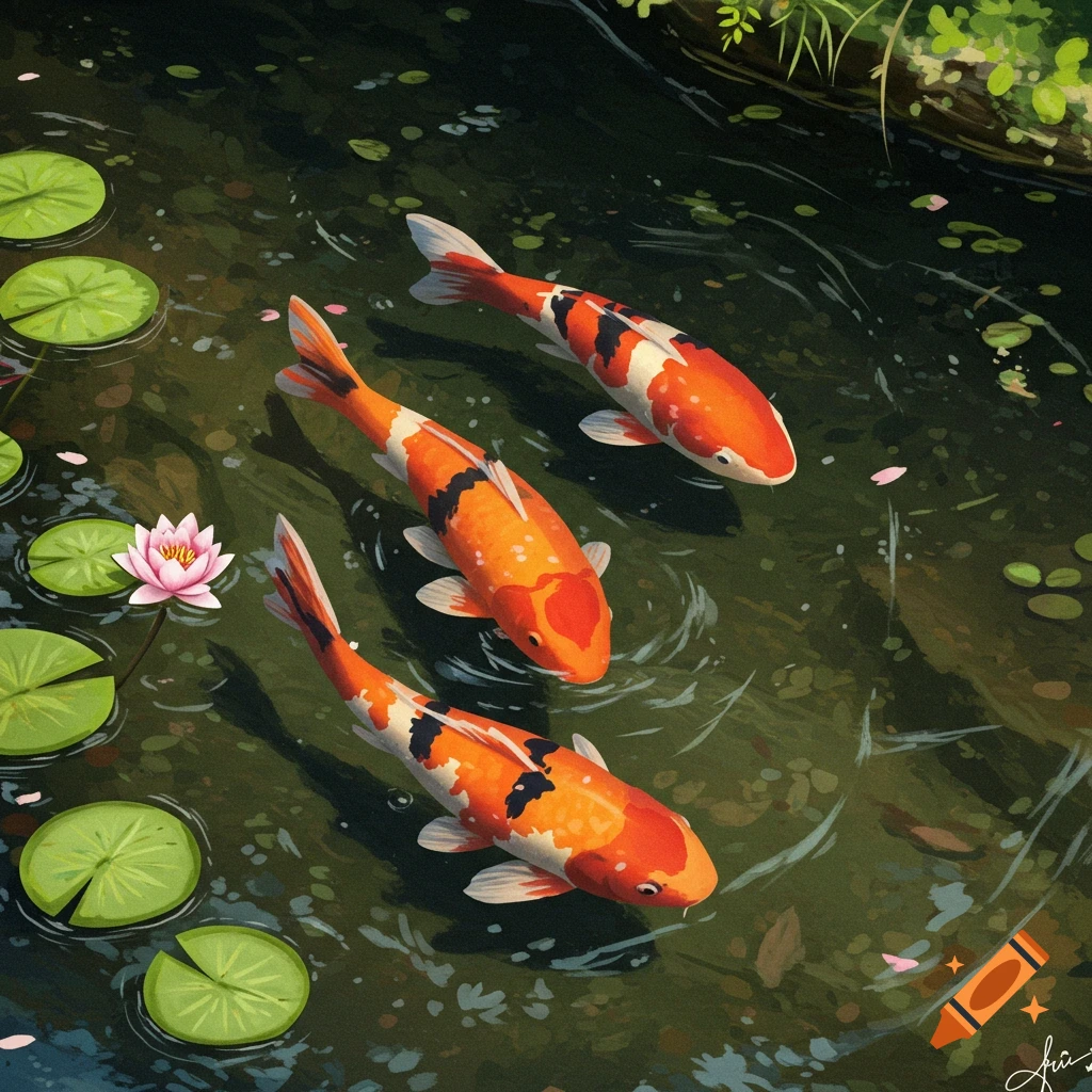 Three orange and white Koi fish swim among lily pads and a pink lotus flower in a pond.