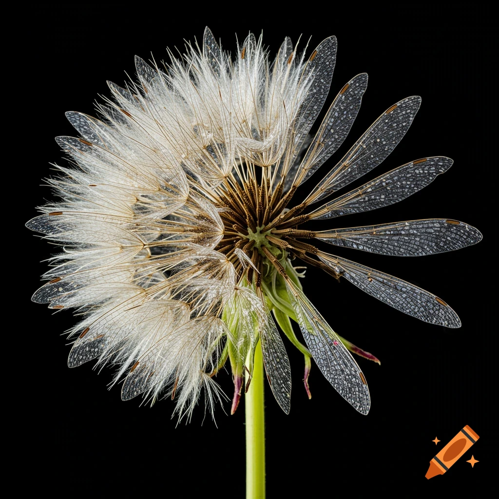 Close-up of a dandelion seed head with transparent dragonfly wings mixed in, against a black background.
