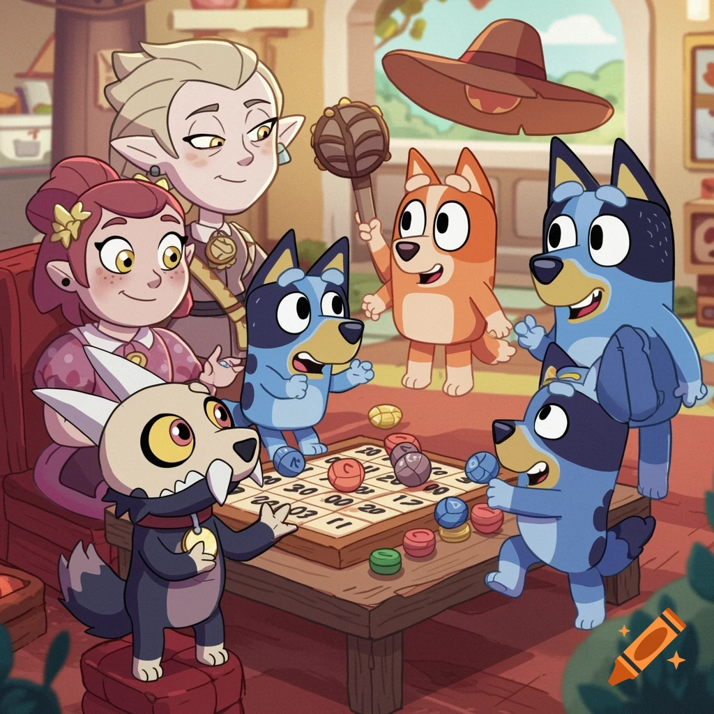 Cartoon characters from The Owl House and Bluey playing a board game in a living room.