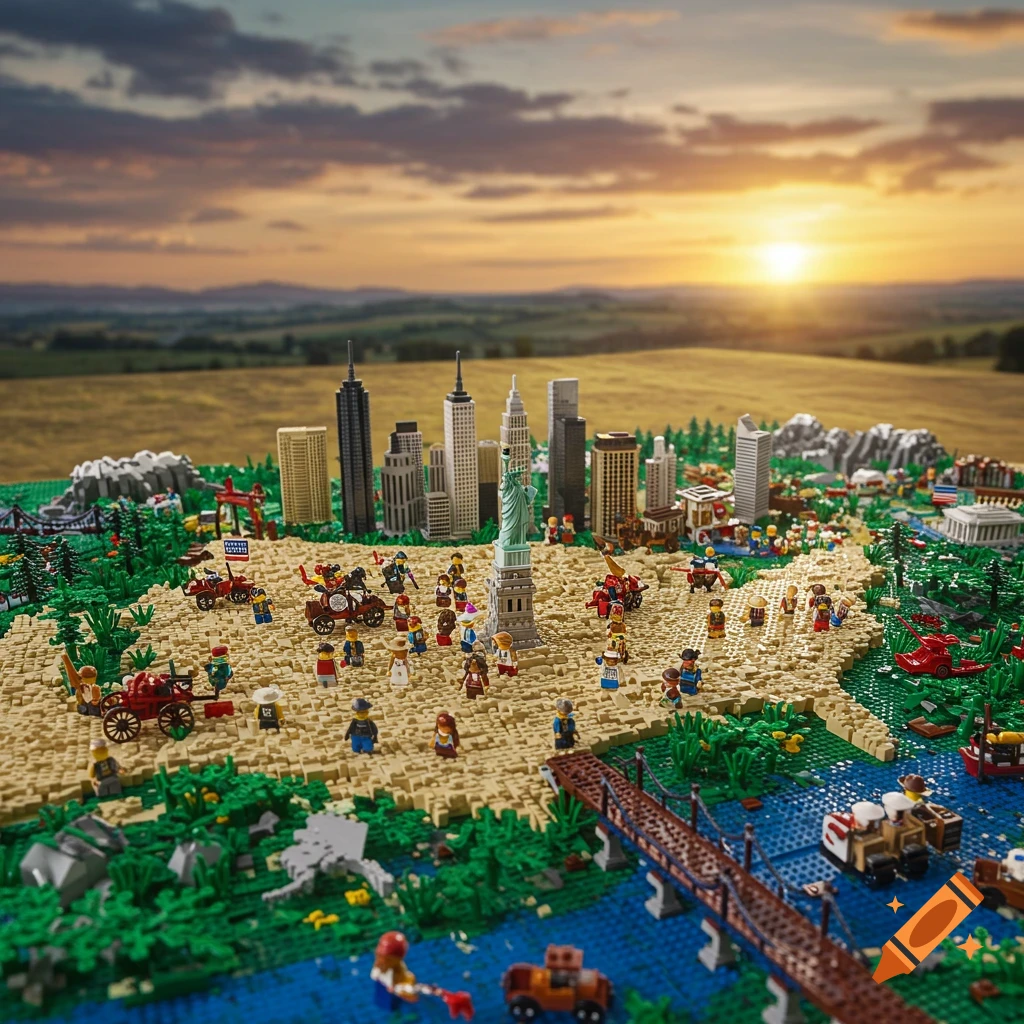Detailed LEGO diorama of the USA featuring city skyline, Statue of Liberty, figures, river, bridge, and sunset.
