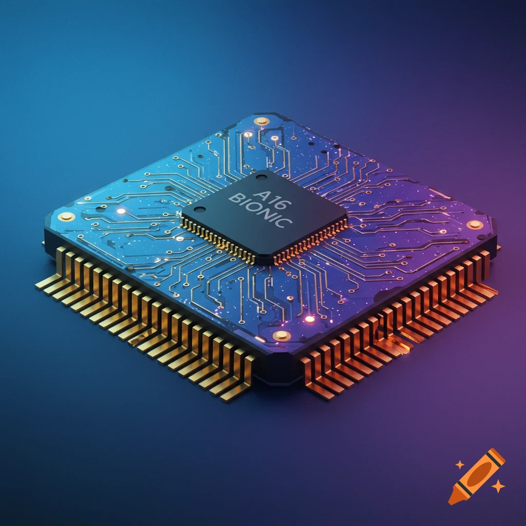 A microchip labeled A16 BIONIC with circuit traces and gold pins on a gradient background