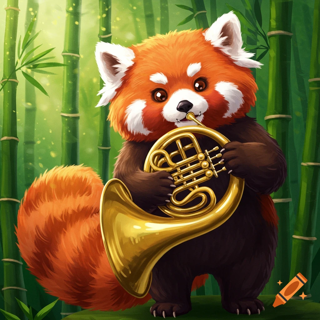 A red panda playing a French horn in a bamboo forest