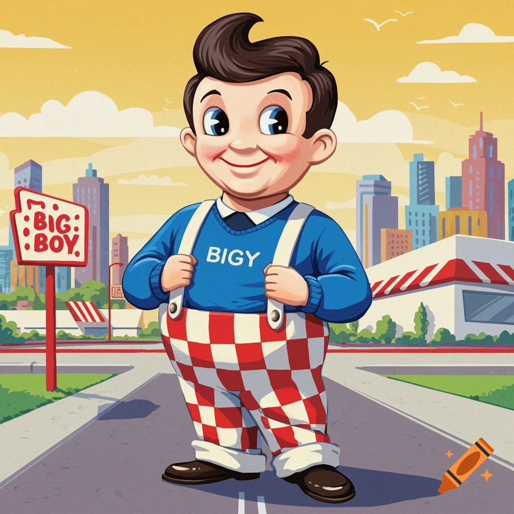 Retro cartoon of the Big Boy mascot standing in front of a restaurant with a cityscape.