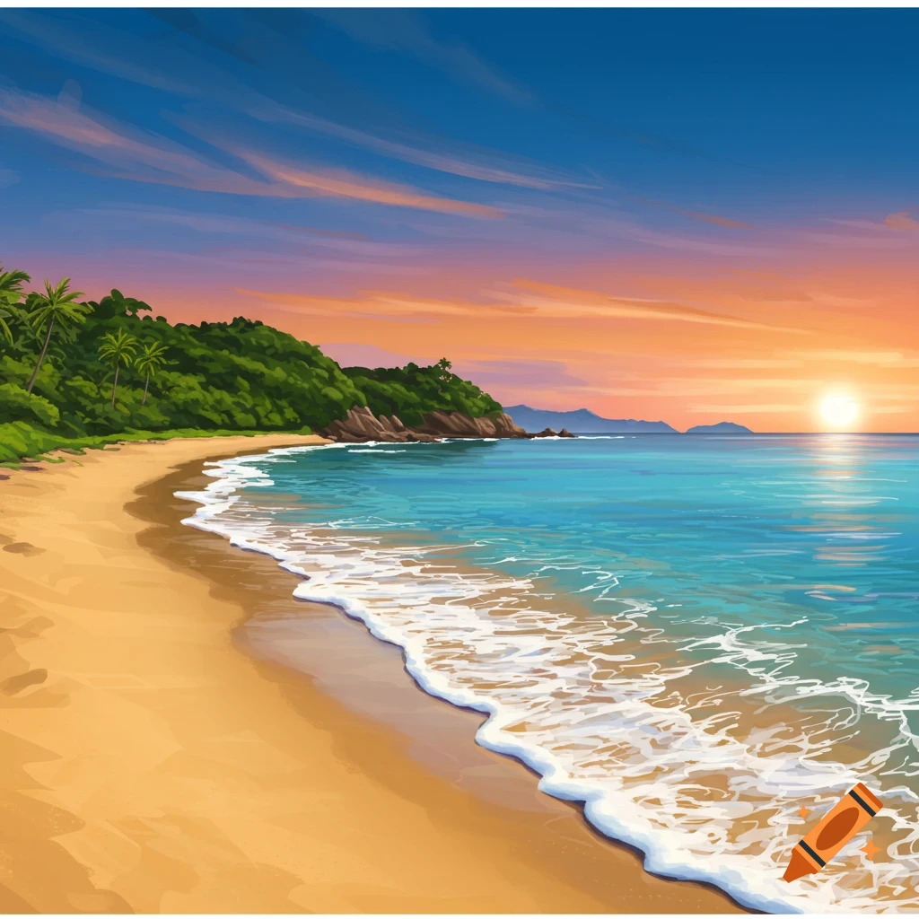 Tropical beach at sunset with sandy shore, ocean waves, green trees, and colorful sky.
