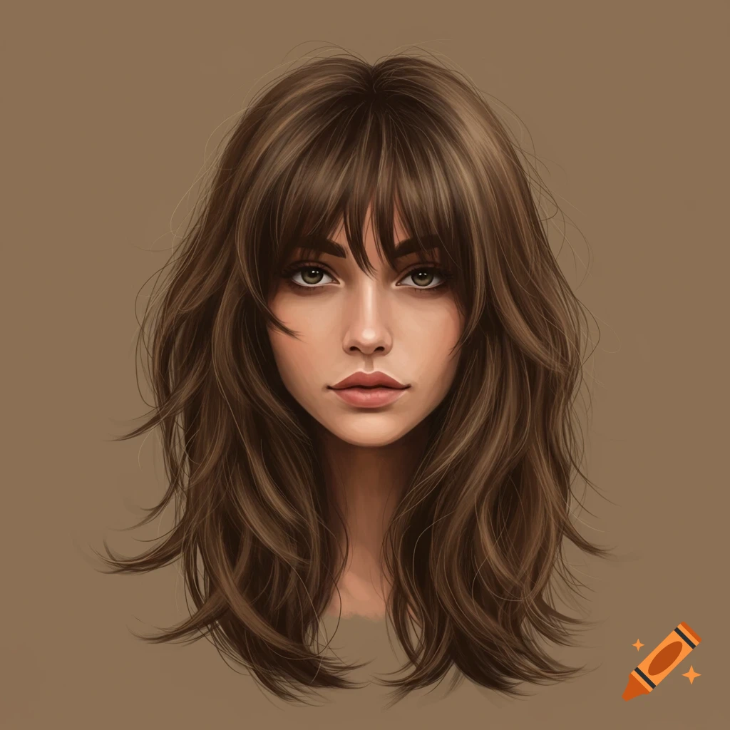 A woman's face with long brown layered hair and curtain bangs on a solid brown background.