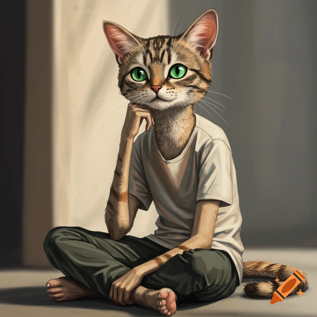 A cat with a human body sitting cross-legged.