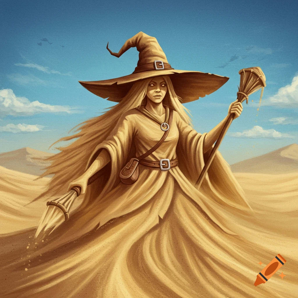 A witch character made of sand standing in a desert landscape.