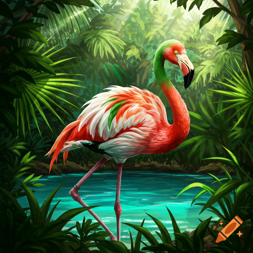 A red, white, and green flamingo stands in a jungle pool.