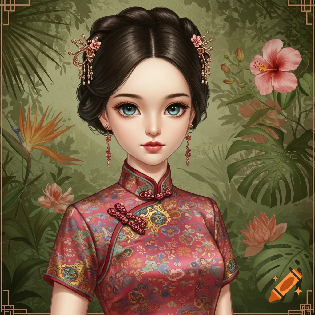 Illustrated portrait of a woman with blue eyes in a red floral cheongsam against a background of tropical plants and flowers.