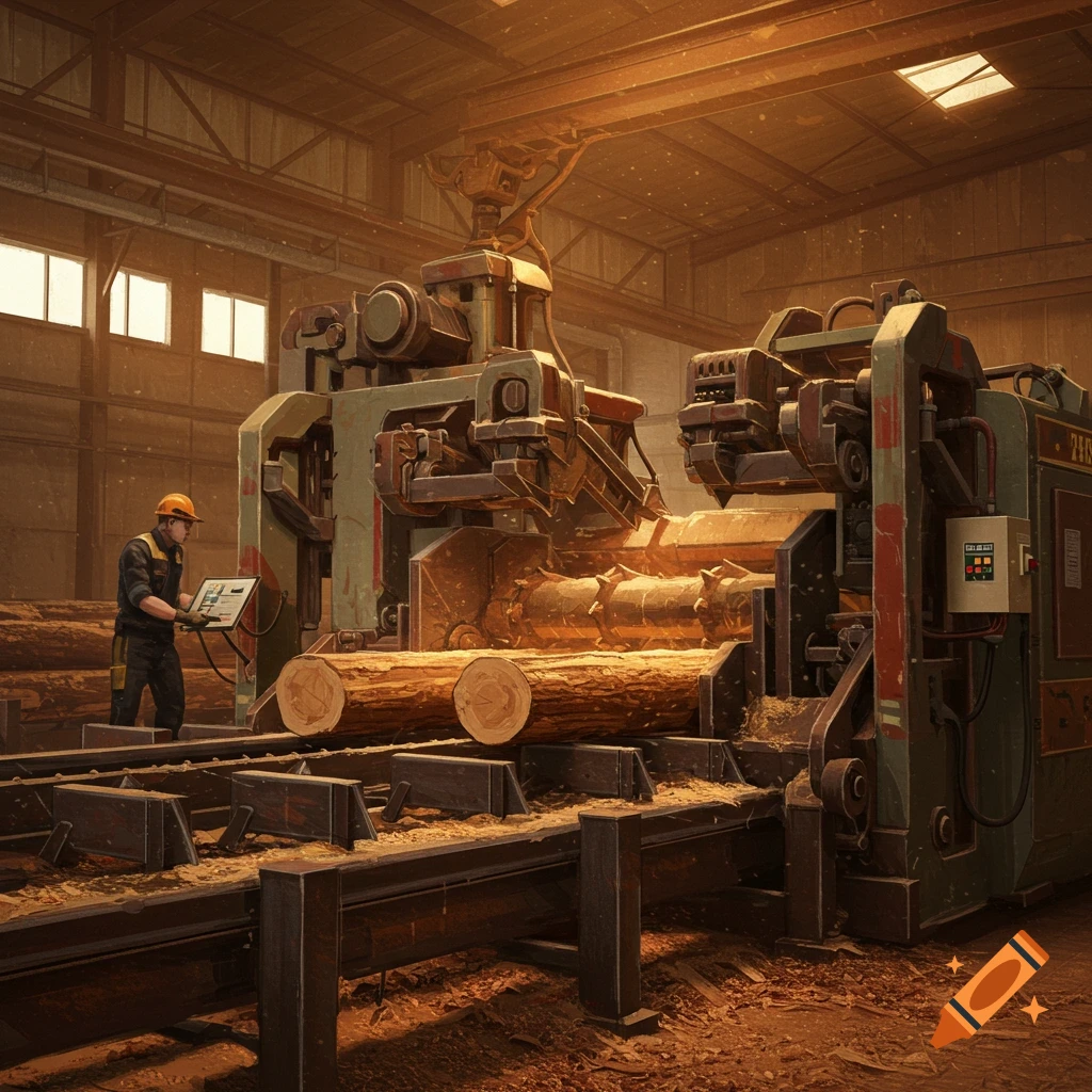 A worker is operating a large debarker machine in a sawmill.