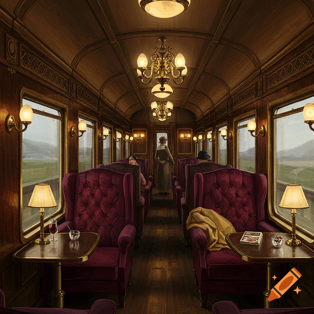 A fancy vintage train interior with plush chairs and passengers.