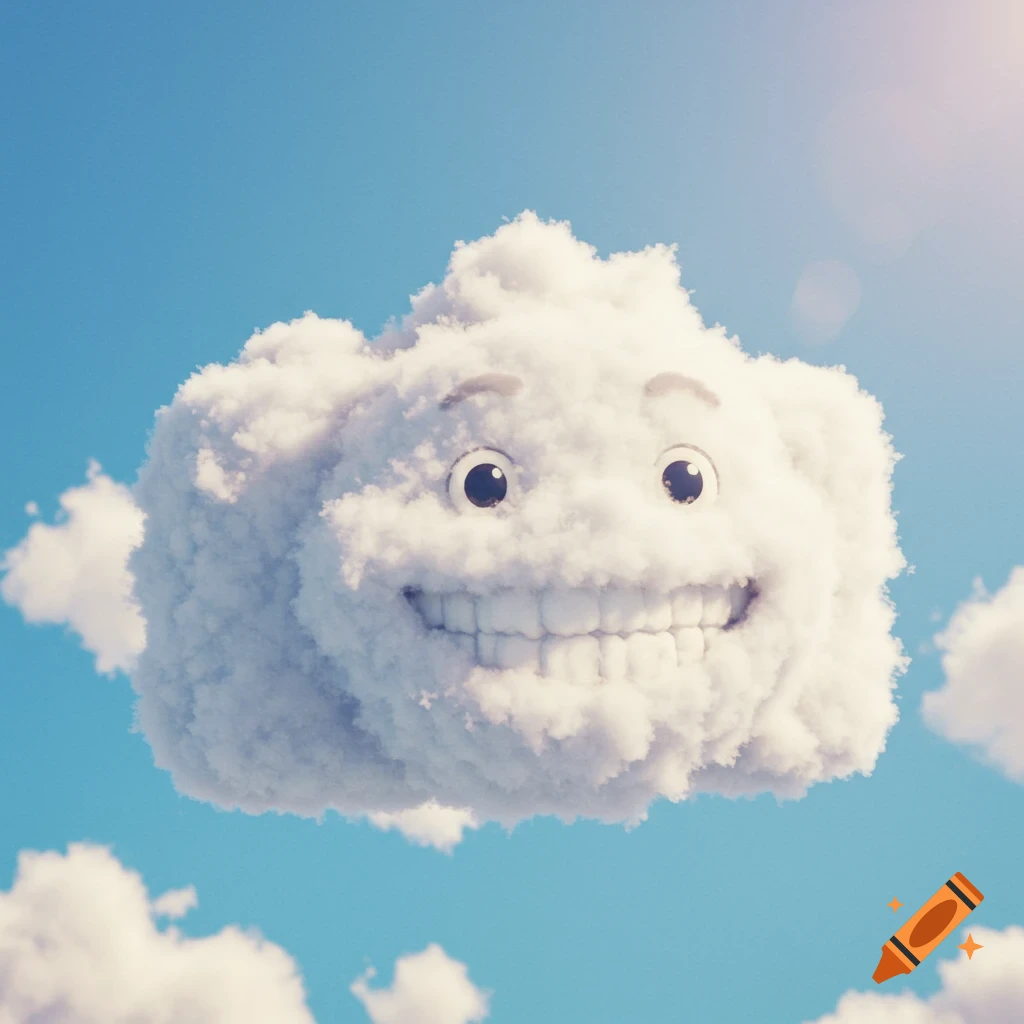 Cartoon cloud with a smiling face floats in a blue sky