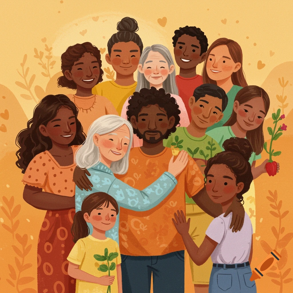A diverse group of smiling people of different ages embracing each other in a warm illustration style.