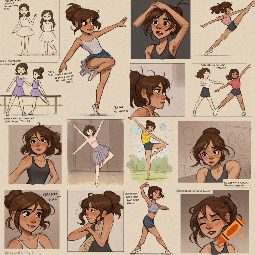 Sketch page showing a young girl dancing in various poses and styles.
