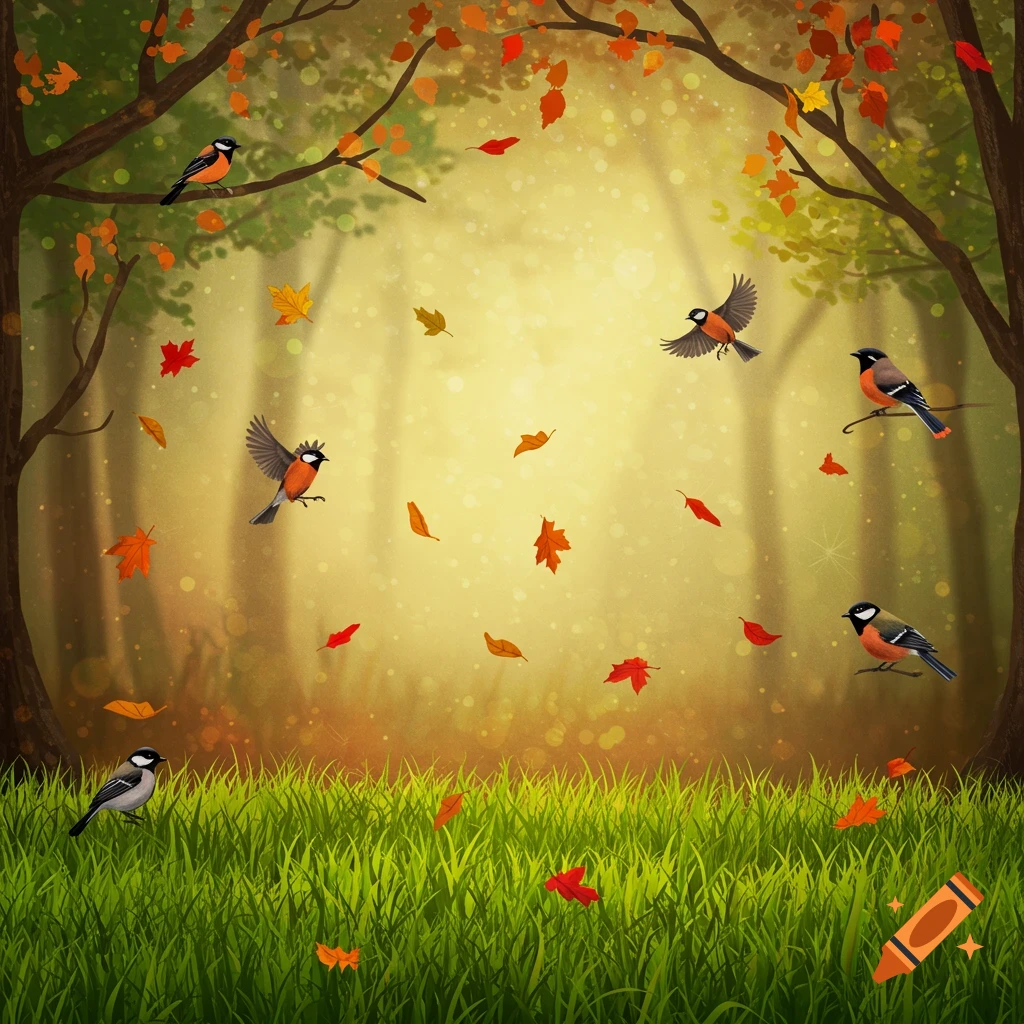 Birds in an autumn forest with falling leaves and tall grass.