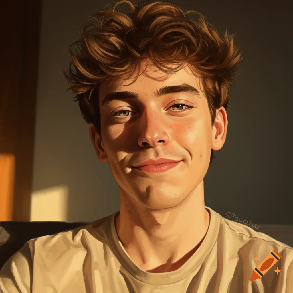 Close-up portrait of a smiling young man in warm sunlight.