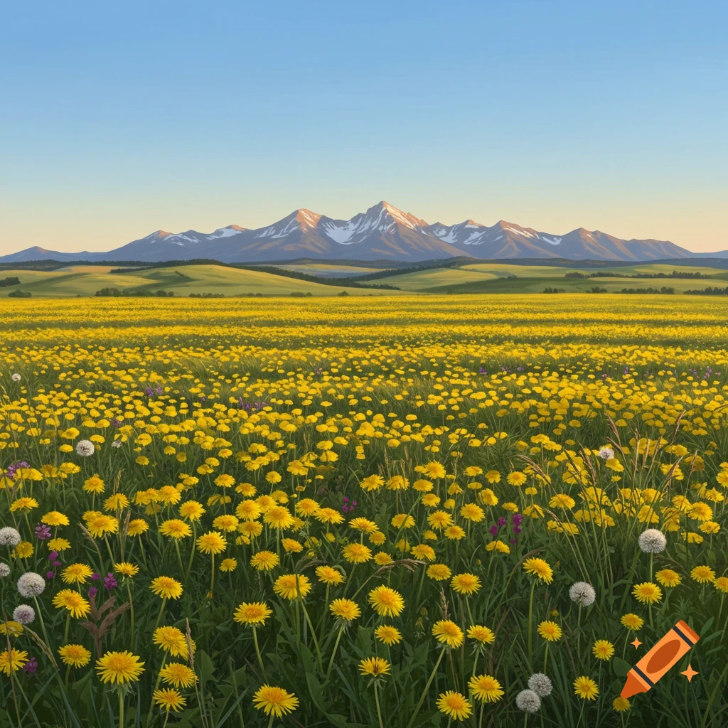 A field of yellow dandelions with mountains in the background.