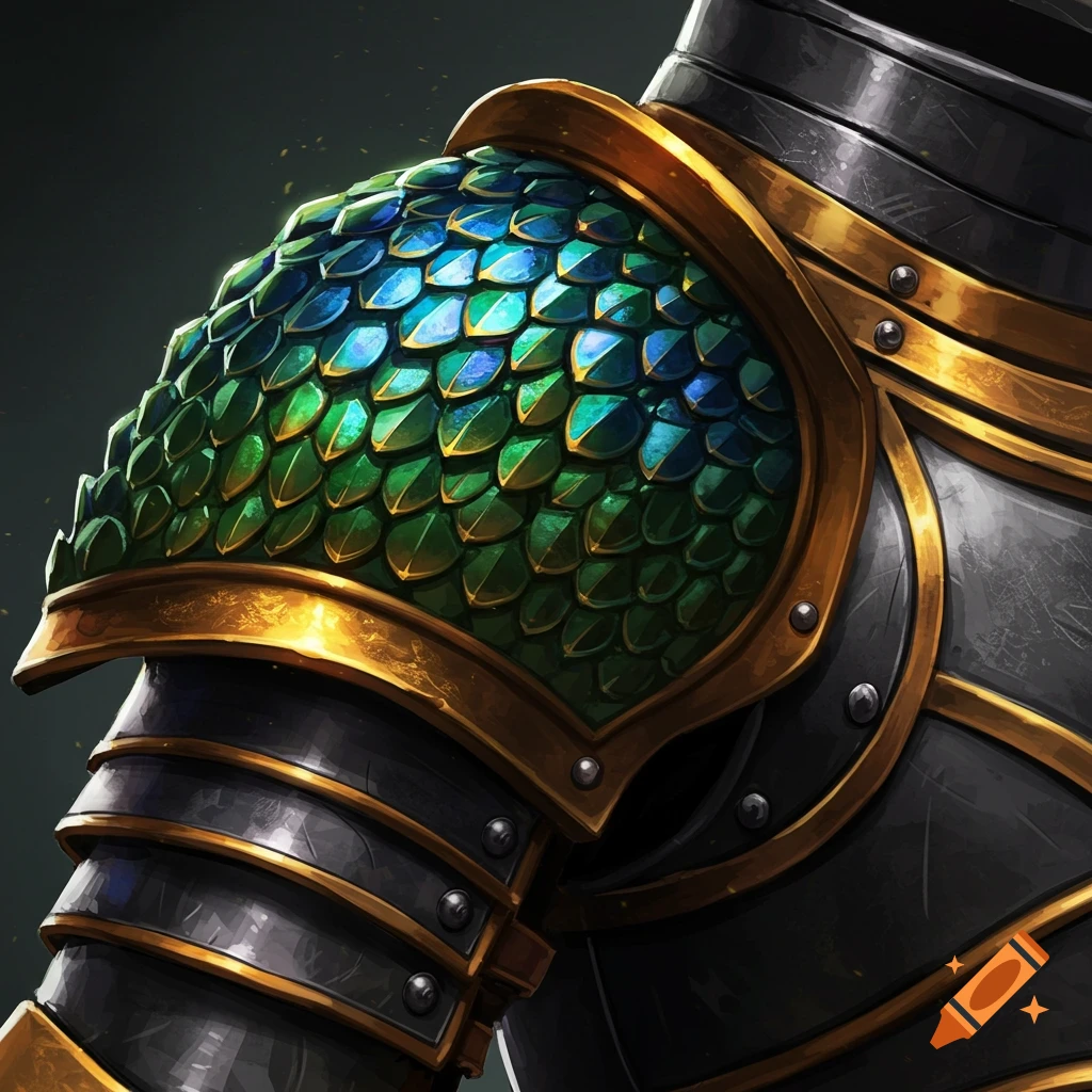 Close-up of fantasy pauldron armor with iridescent dragon scales and gold trim