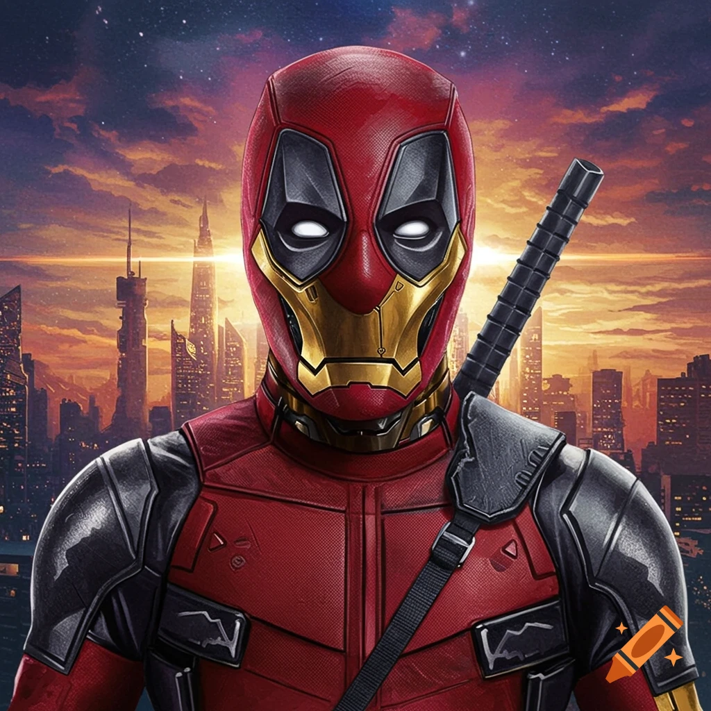 A Deadpool and Iron Man mashup character standing in front of a cityscape.