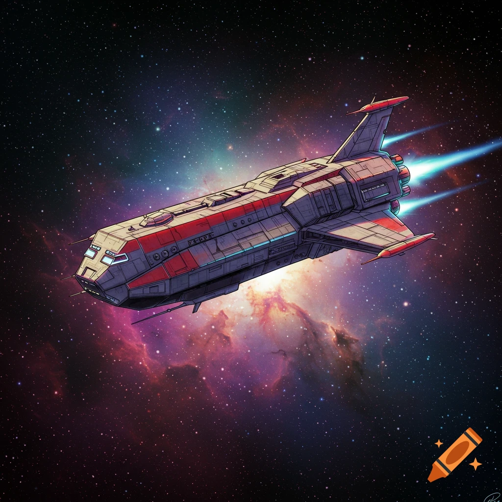 A spaceship flying through a colorful nebula.
