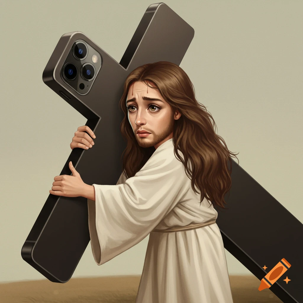 Cartoon style illustration of Jesus carrying a large iPhone like a cross, looking distressed.