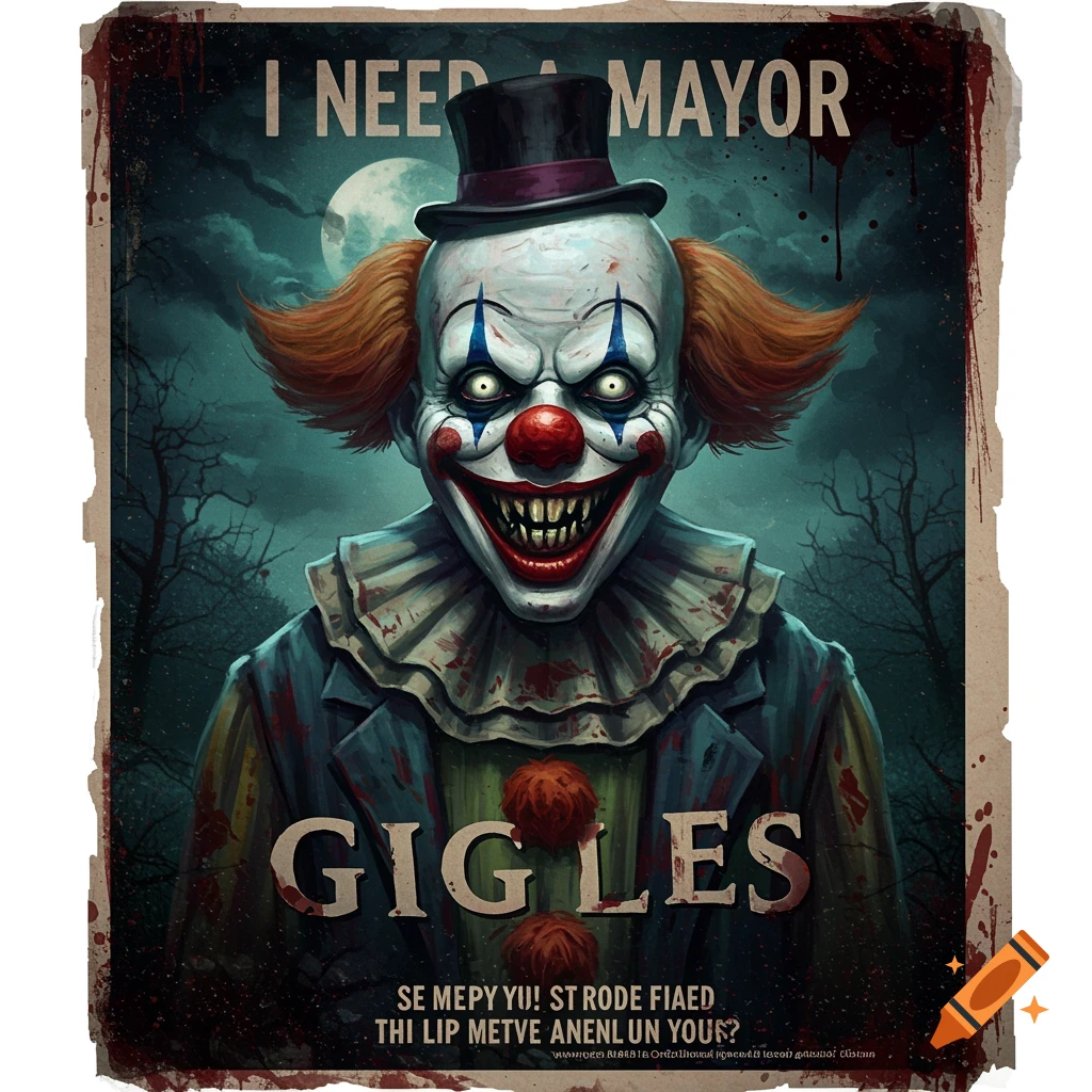 Horror poster featuring a creepy clown in a top hat, with blood splatter and text that reads 'I NEED A MAYOR GIGGLES'.