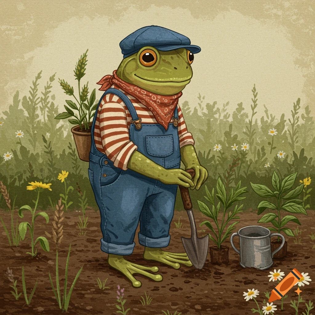 Frog in overalls planting herb garden with blue hat and bandana on Craiyon