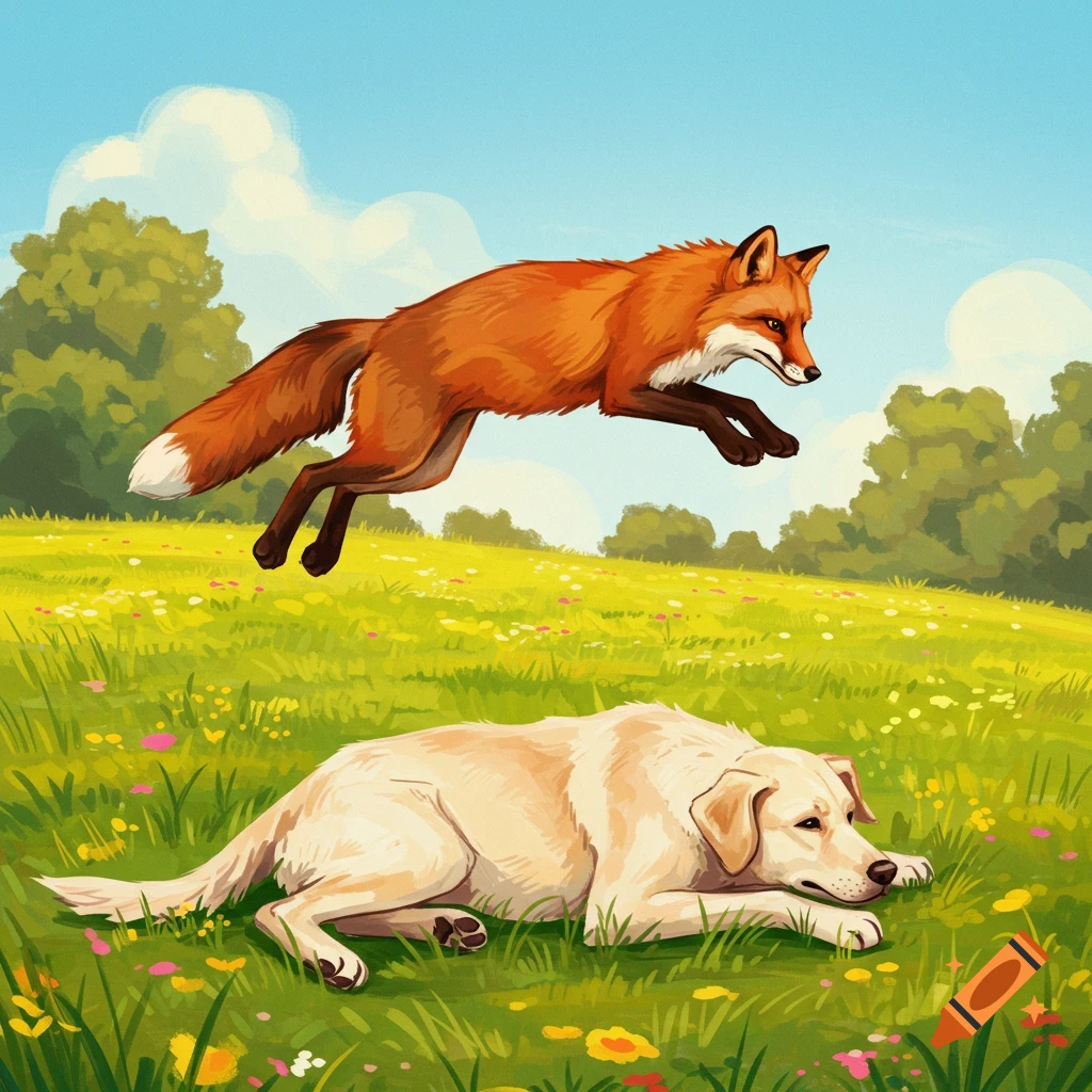 A quick brown fox jumps over a lazy dog in a grassy field.