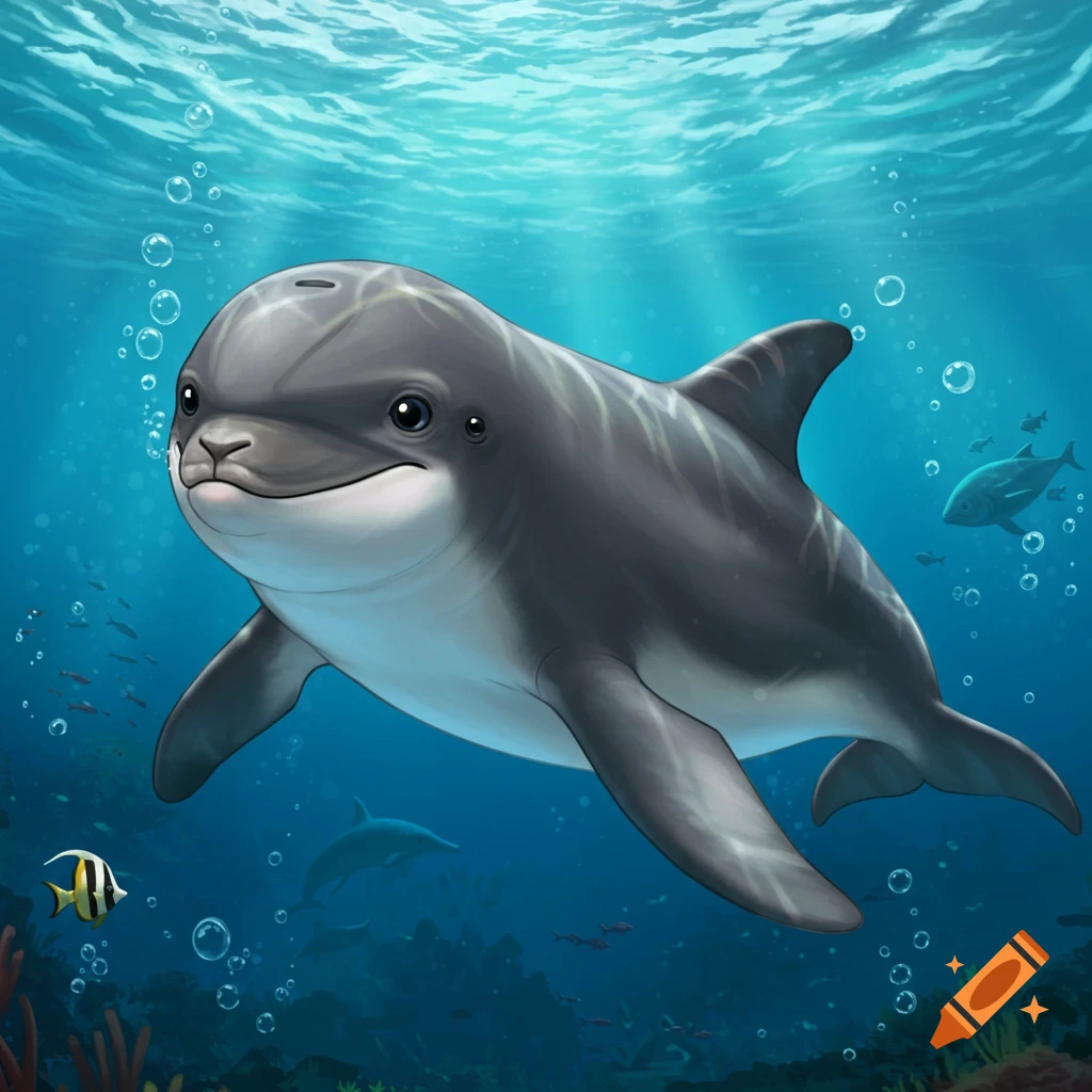 A cute cartoon dolphin swims underwater with fish and bubbles.