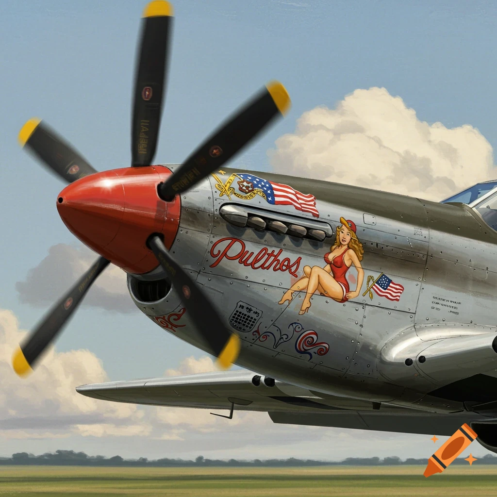 A vintage military aircraft with pin-up nose art.