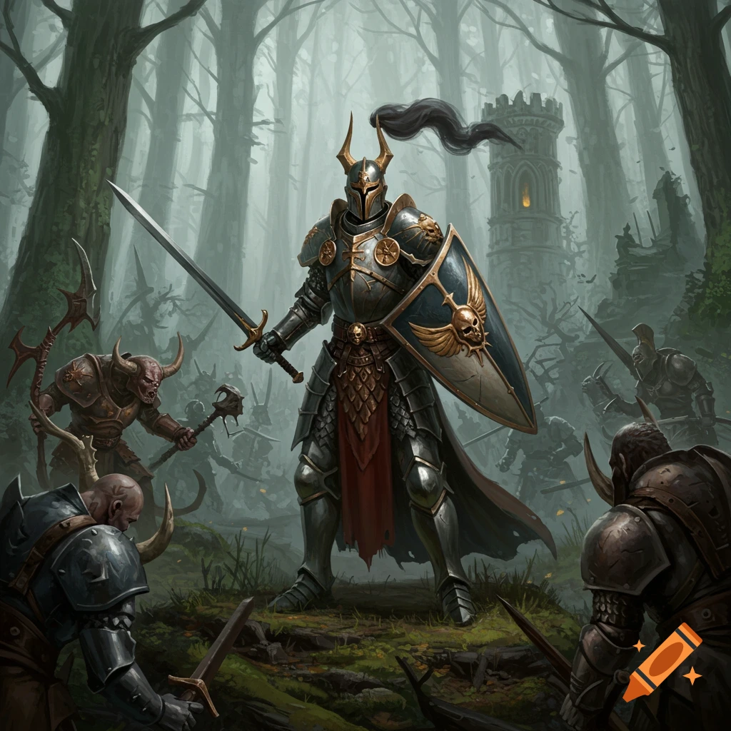 A knight in ornate armor stands ready for battle against fantasy creatures in a misty forest with a ruined tower.