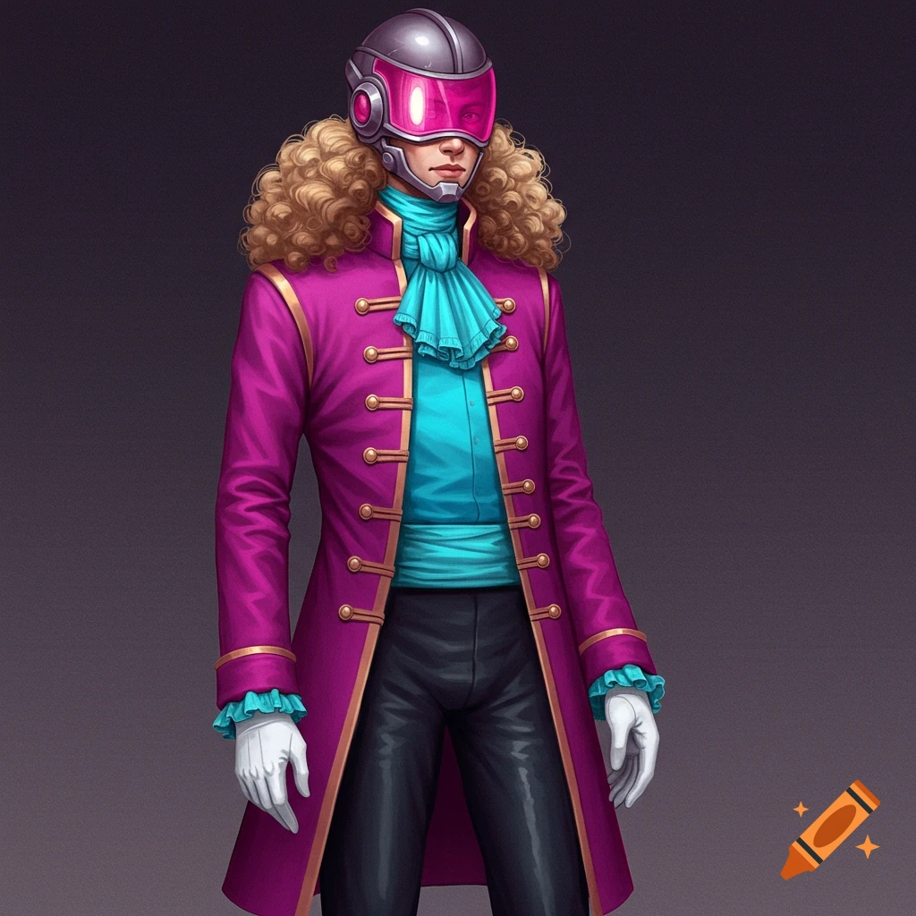 A character in a fuchsia coat, cyan shirt, black pants, white gloves, and a helmet with a pink visor and curly blond hair.