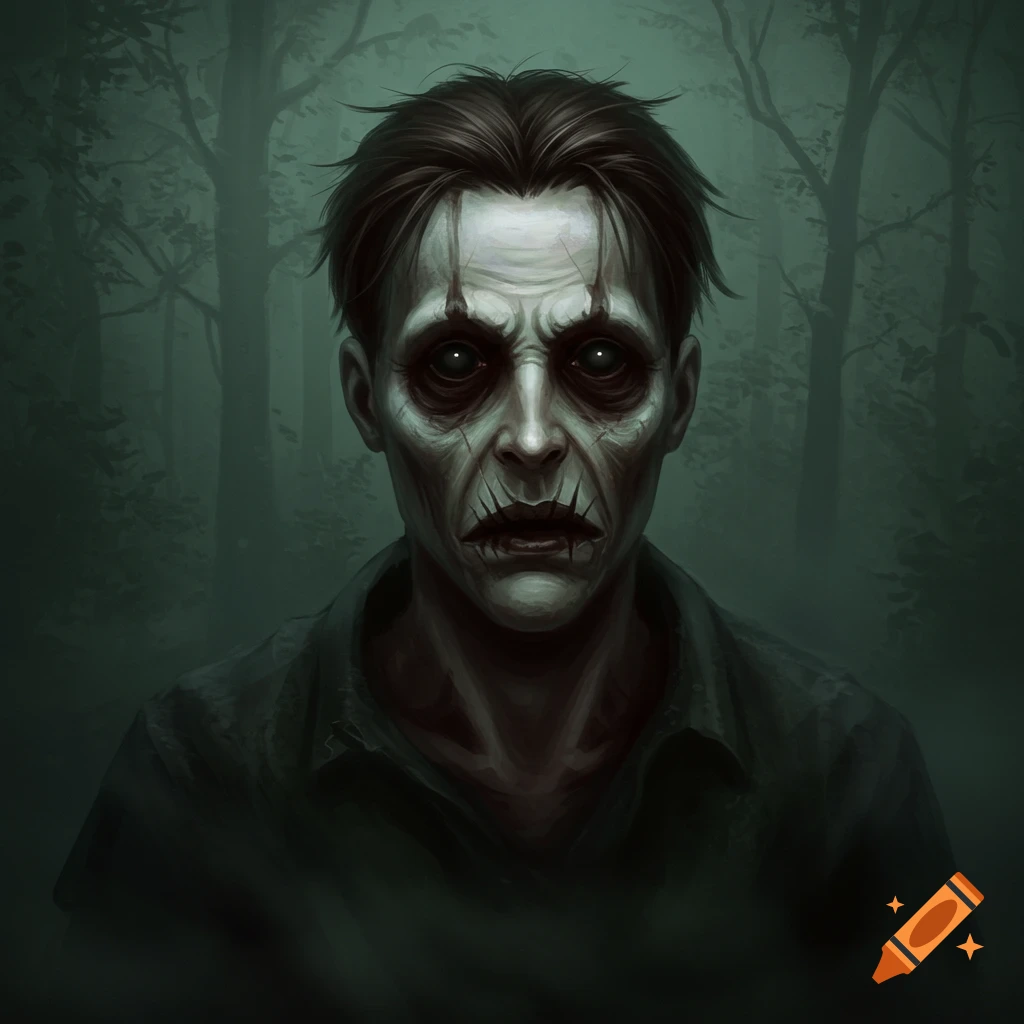 A creepy face with dark eyes and stitched mouth in a dark foggy forest.