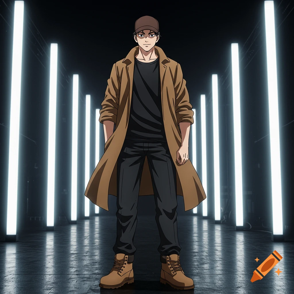 Anime character in a brown trench coat and cap standing against glowing vertical lights.