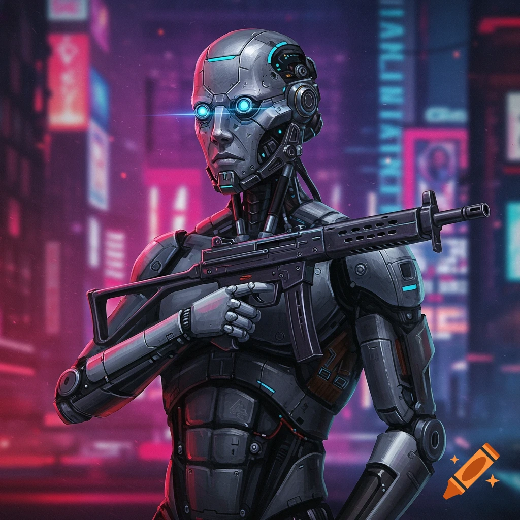 A humanoid robot in a cyberpunk city holds a submachine gun.