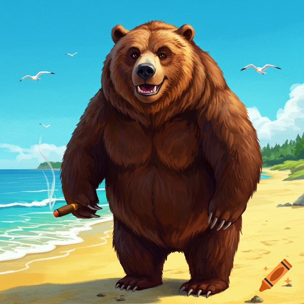 A brown bear standing on a beach holding a smoking cigar.
