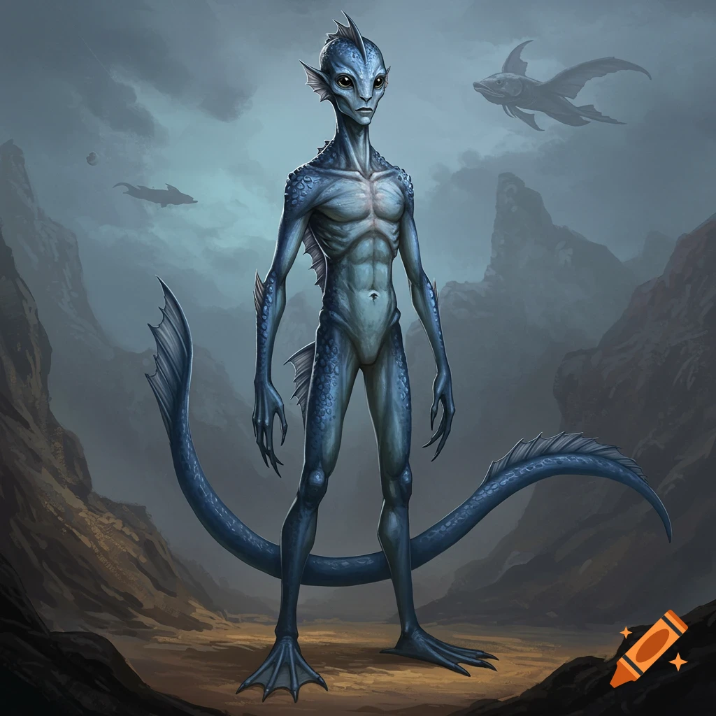 A blue fish-like alien creature stands in a rocky, misty landscape.