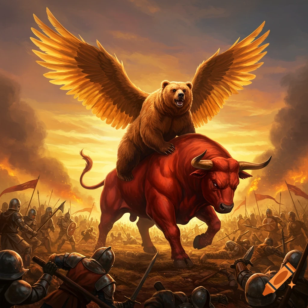 A winged bear riding a red bull into battle against knights.