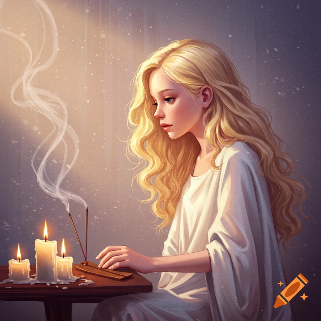 A young woman with blonde hair sits by burning candles and incense.