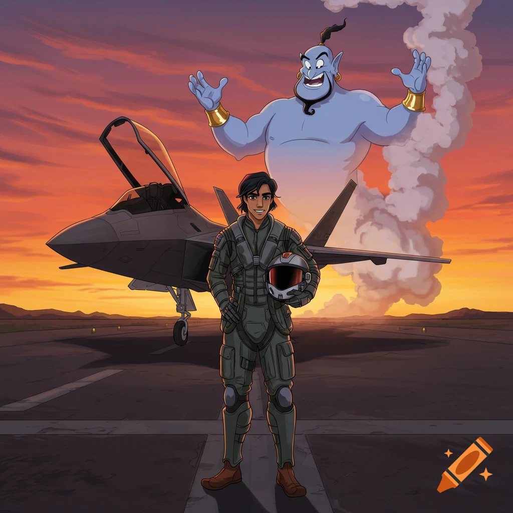 Cartoon of Aladdin in flight suit holding helmet with Genie and F-22 jet on runway at sunset.