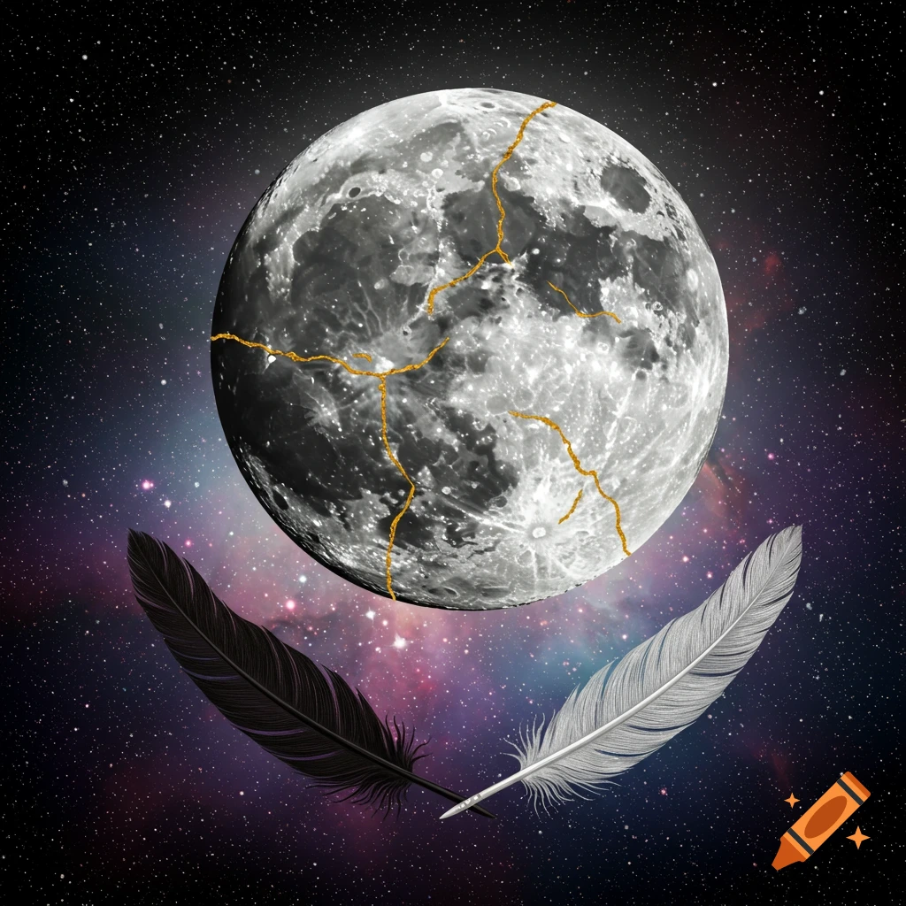 A kintsugi moon with black and white feathers against a galaxy background