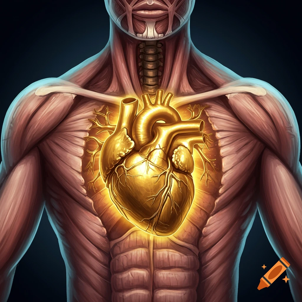 A human torso showing muscles and a glowing golden heart.