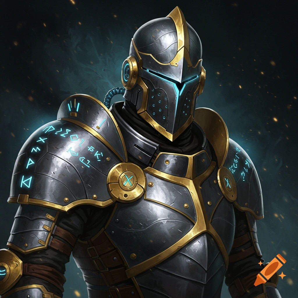 A knight in dark metal and gold magitech armor with glowing blue accents and runes.