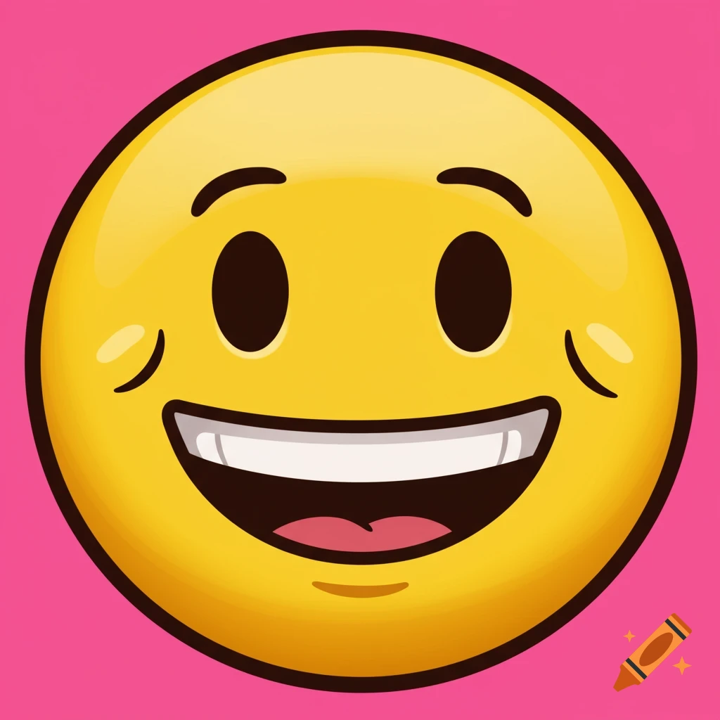 A smiling emoji face on a pink background.