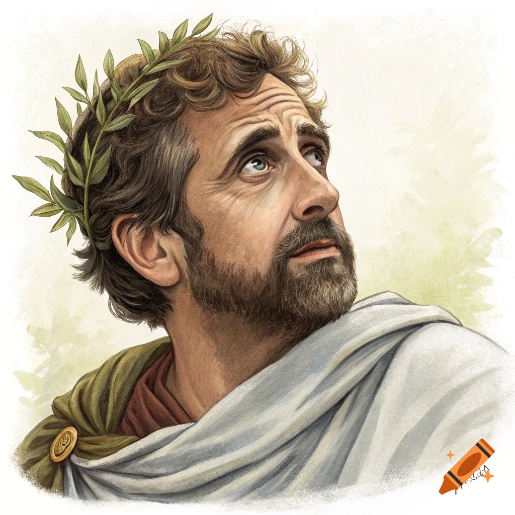 Watercolor illustration of a bearded man in a toga and laurel wreath, resembling Steve Carell, looking upwards.