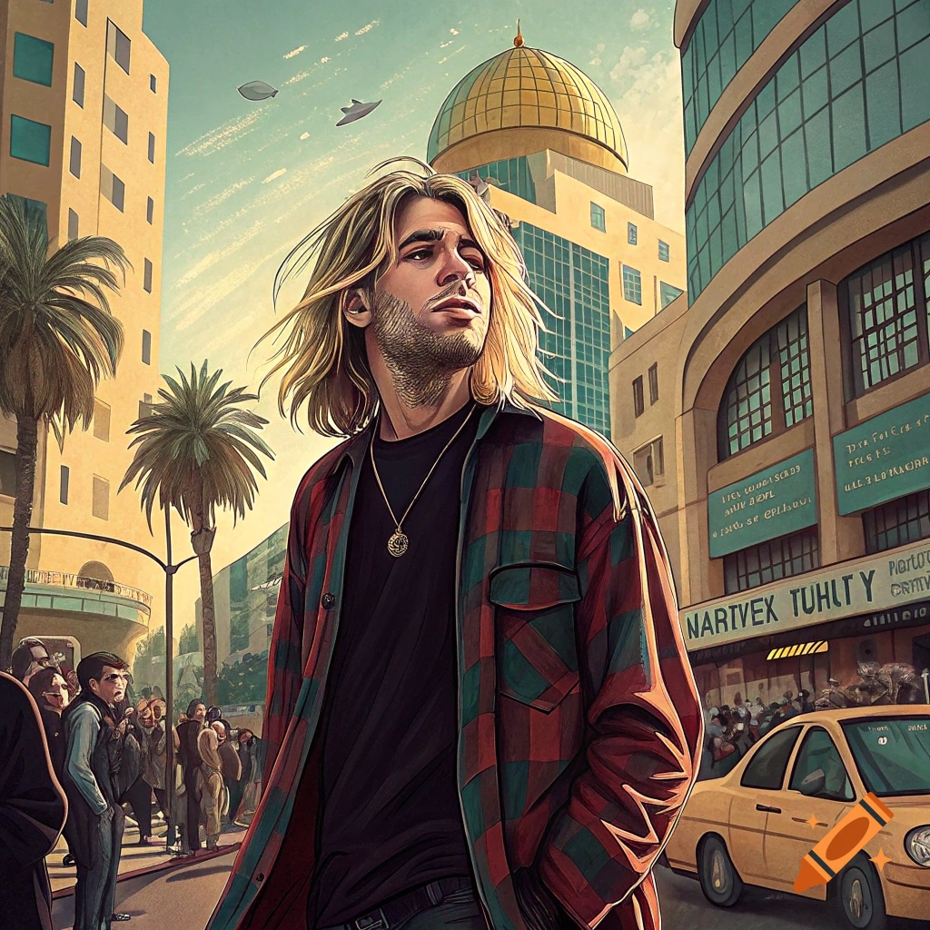 Illustration of a man resembling Kurt Cobain walking on a city street with buildings and palm trees.