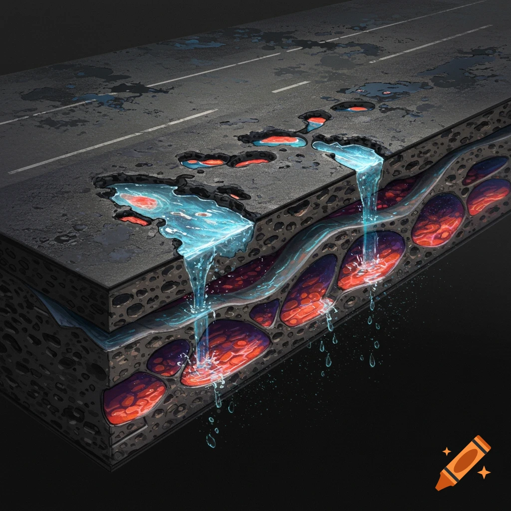 A cutaway of a road with water flowing through potholes into colorful underground layers.