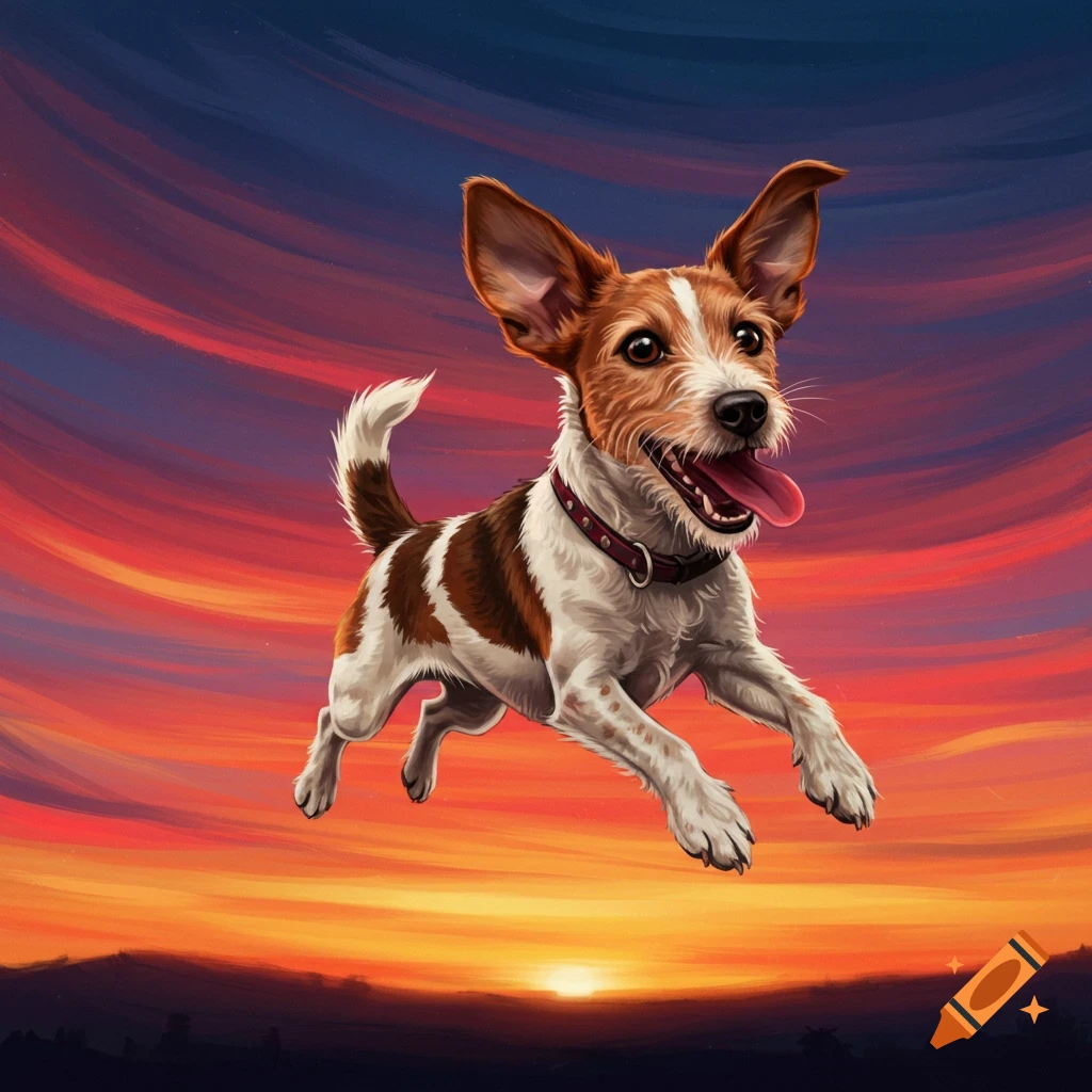 A Jack Russell terrier dog leaps through the air against a dramatic sunset sky.