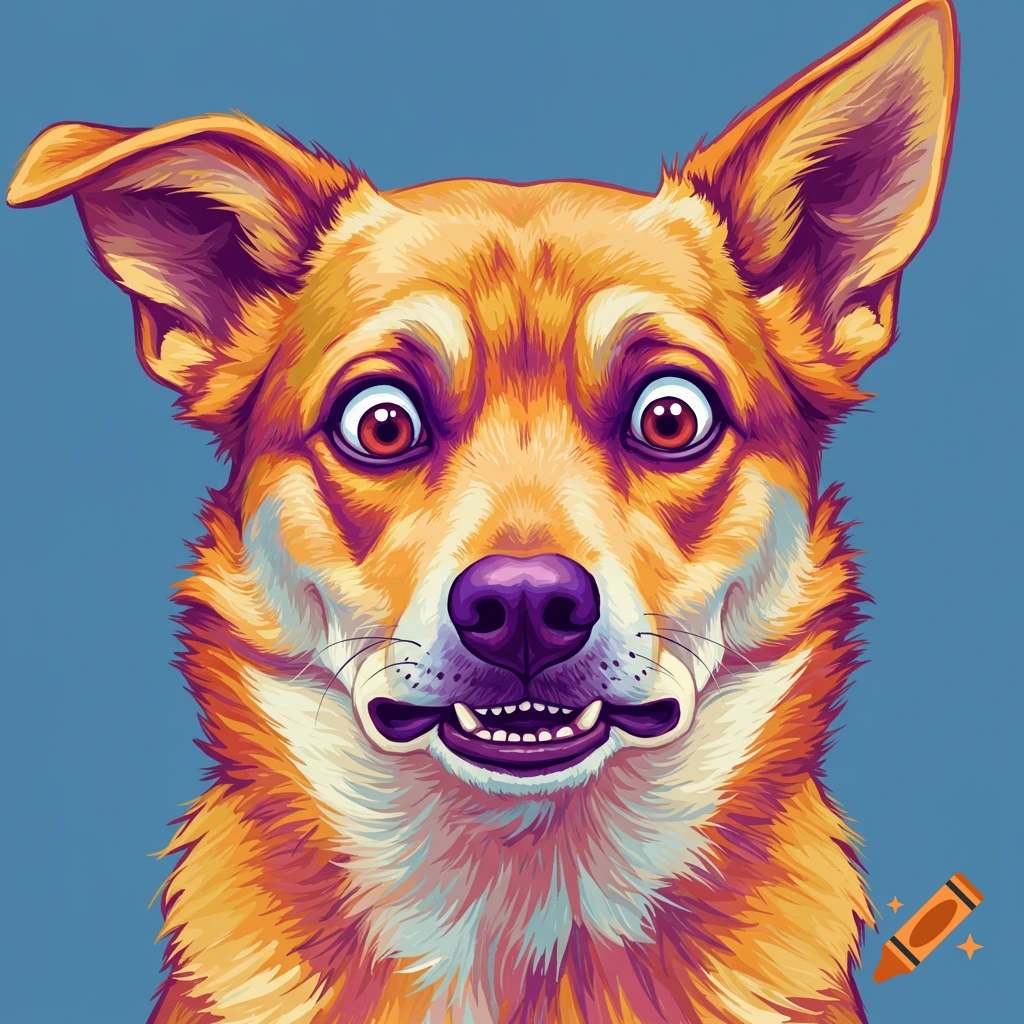 Painting of a dog with a wide-eyed, surprised 'epic face' expression on a blue background.