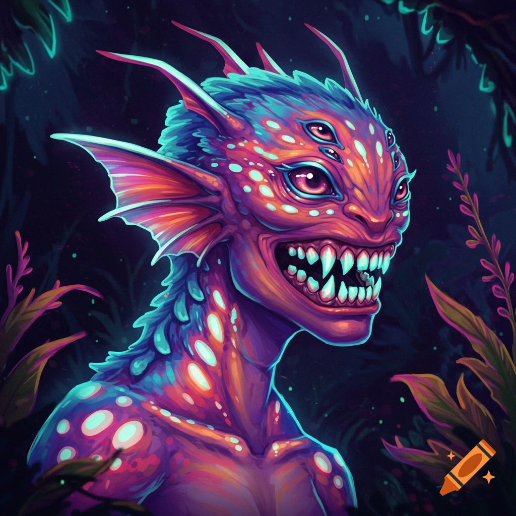 Colorful multi-eyed creature with sharp teeth in a dark, stylized jungle.